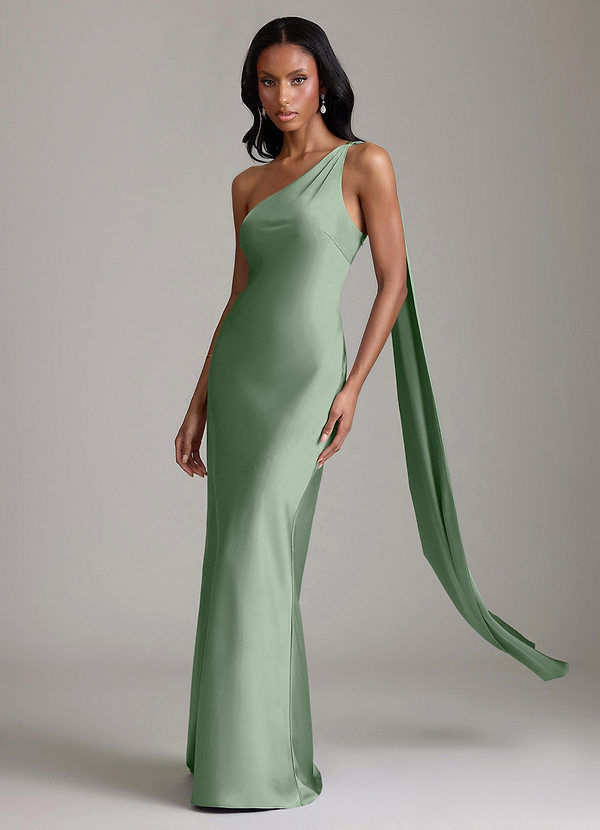 Azazie Galinda Brudtärneklänningar Klä av Sjöjungfru i Stretch Satin Ena axeln Matcha image1