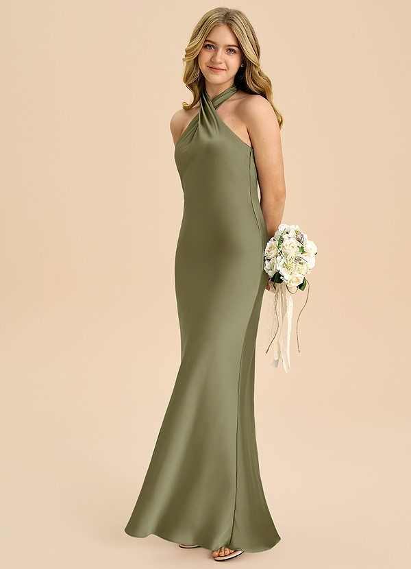 Azazie Chickie Junior Vestido de Pistacho de Satén Elástico de Corte Recto con Plisado image1