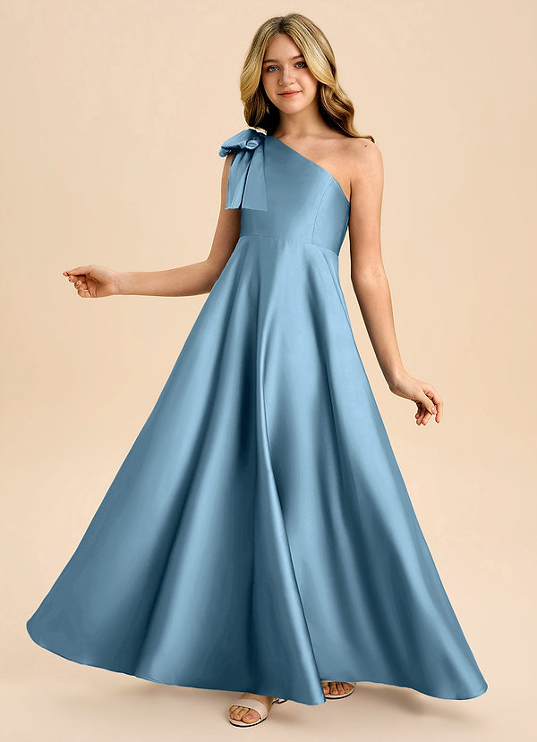 Azazie Penguin Junior Steel Blue A-Line Bow Stretch Satin Dress image1