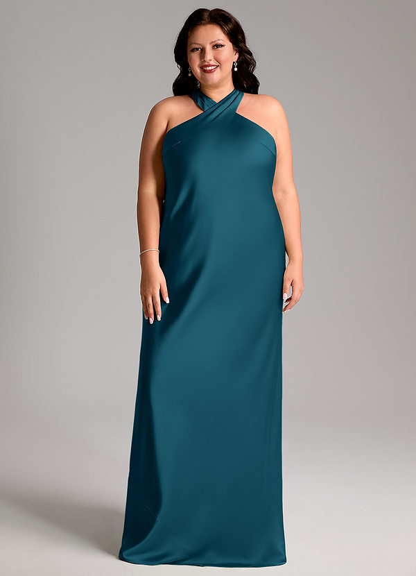 Azazie Doretta Vestidos Dama de Honor Vestido de Azul Tinta de Satén Elástico de Corte Sirena con Plisado image1