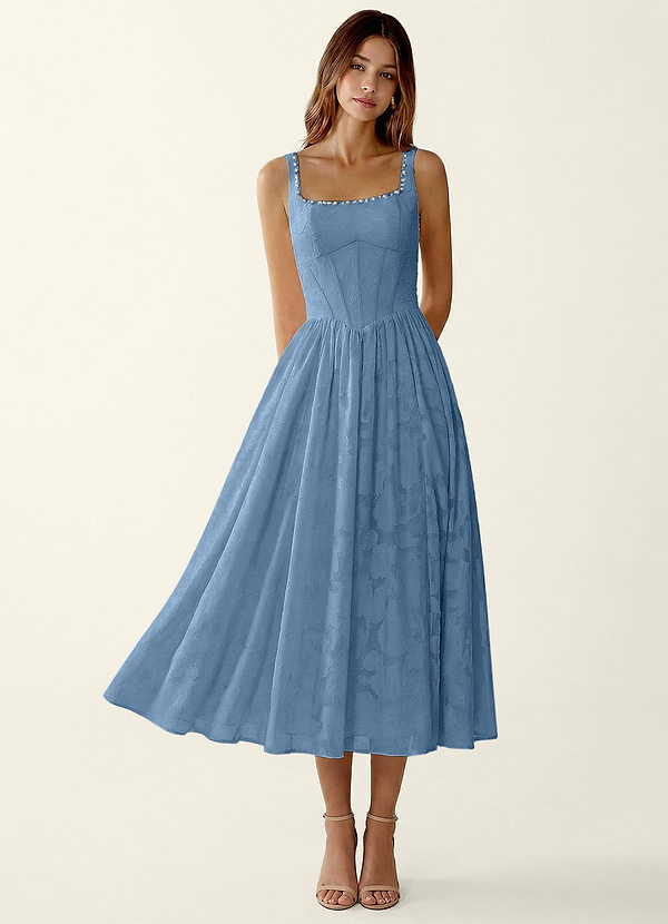 Ottavia Steel Blue Jacquard Midi A-line Graduation Dress image1