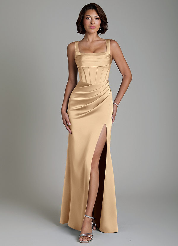 Azazie Amora Bridesmaid Dresses Champagne Mermaid Corset Stretch Satin Dress image1