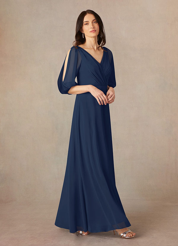 Azazie Bronwyn Mother of the Brides Dresses Dark Navy A-Line V-Neck Ruched Chiffon Dress image1
