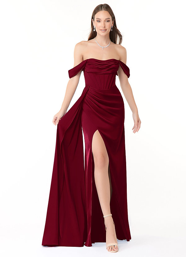 Azazie Amyra Bridesmaid Dresses Burgundy Sheath Convertible Stretch Satin Dress image1