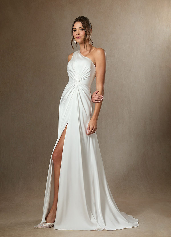 Azazie Tulisa Wedding Dresses Diamond White A-Line One Shoulder Stretch Satin Dress image1
