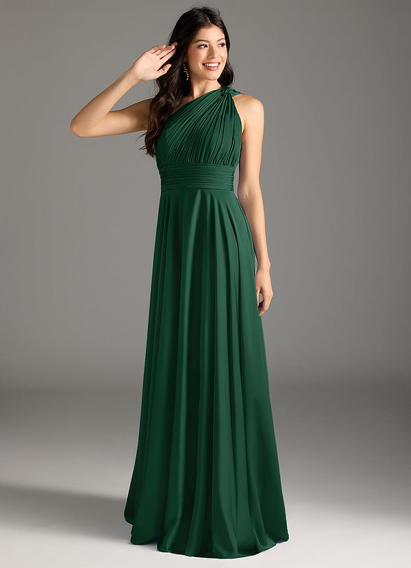 Azazie Charlize Bridesmaid Dresses Dark Green A-Line One Shoulder Stretch Satin Dress image1