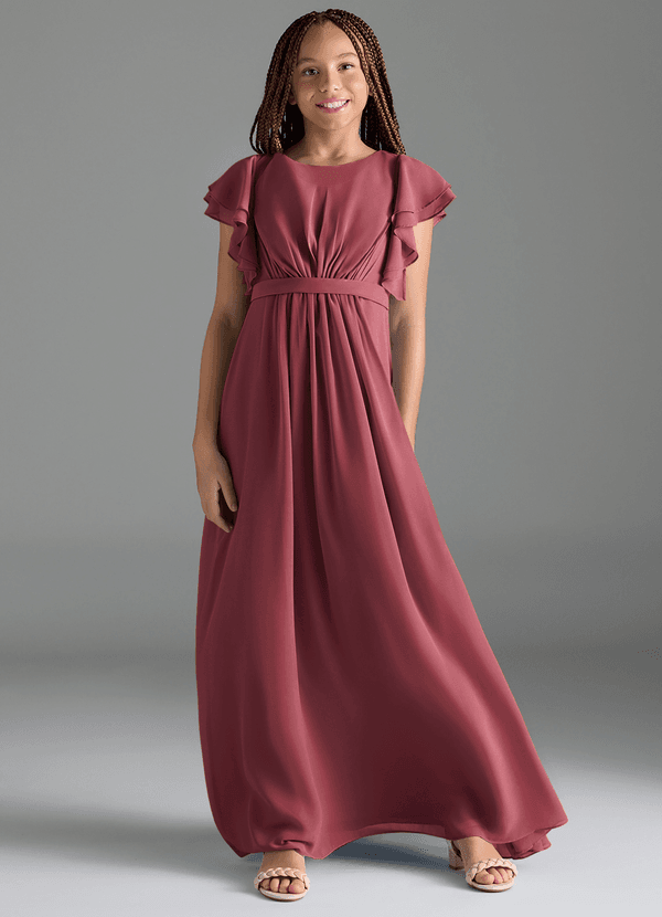 Azazie Daphne Junior Abito A-Line in Chiffon Plissettato Merlot image1