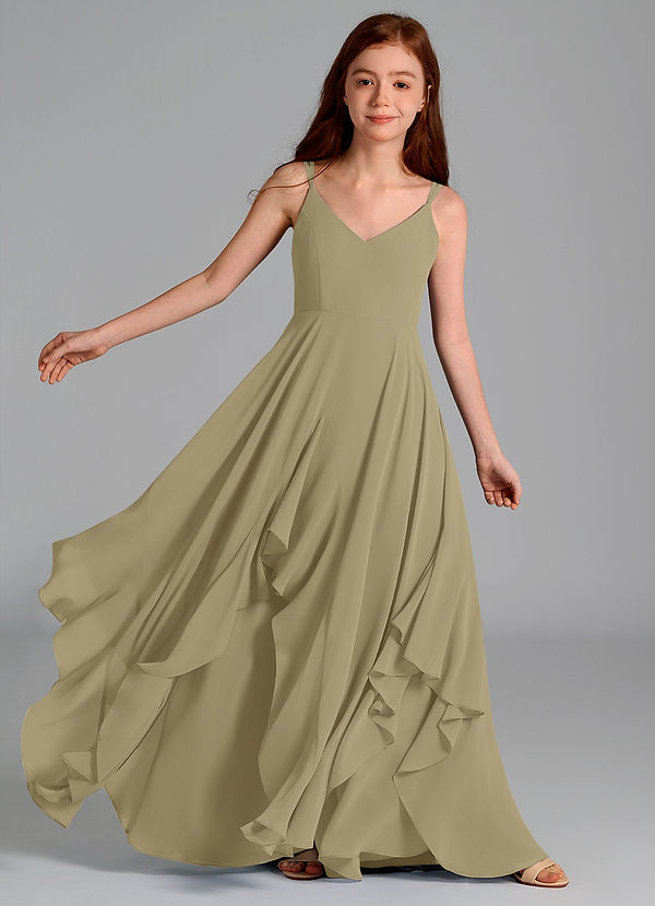 Azazie Karan Junior Robe Trapèze en Mousseline de soie Vert Mousse image1