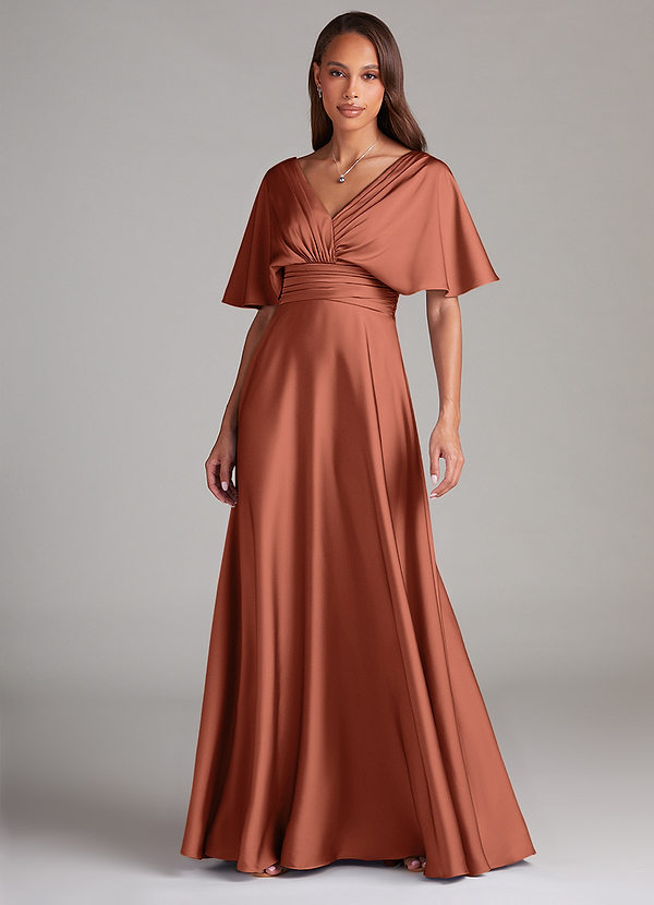 Azazie Pamela Robes Demoiselle d'honneur Robe Trapèze en Satin extensible Plissée Argile image1