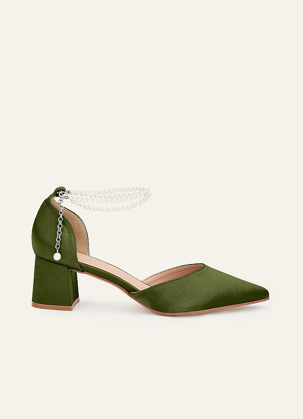 front Matching Color Metallic Satin Pearl Strap Pointed Toe Block Heels