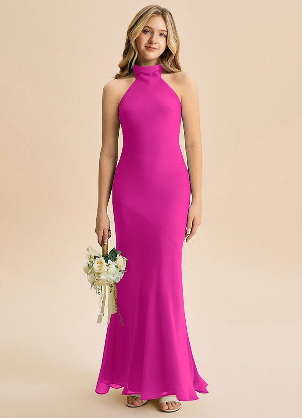 Azazie Velli Junior Meerjungfrau-Linie Hoher Kragen Chiffon Kleid Fuchsia image1