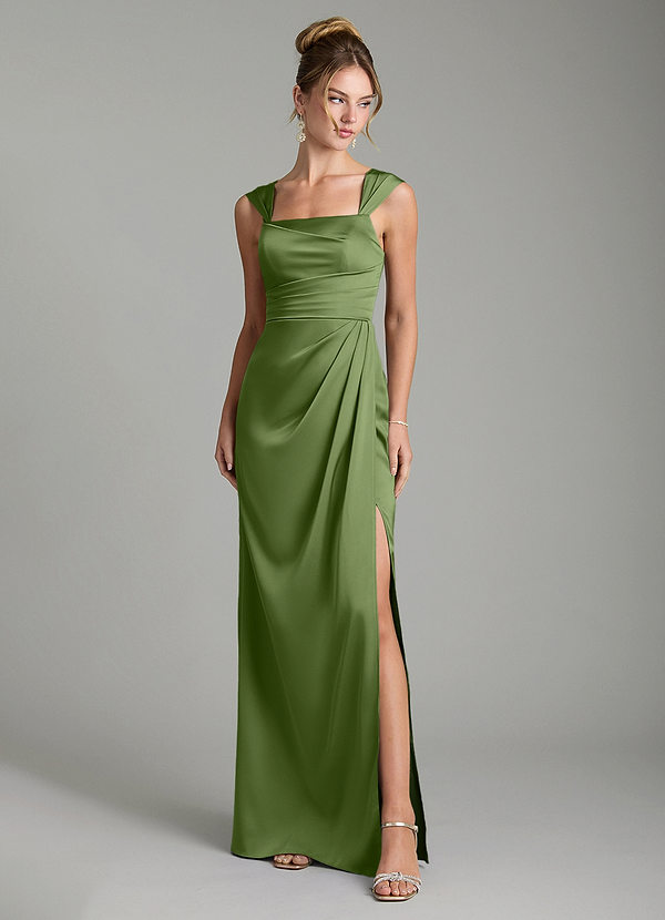 Azazie Filippa Robes de demoiselle d'honneur Robe Trapèze en Satin extensible Plissé Genévrier image1