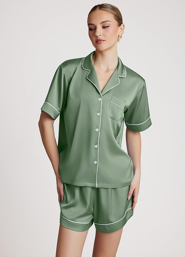 front Matcha Satin Contrast Piping Pajama Set