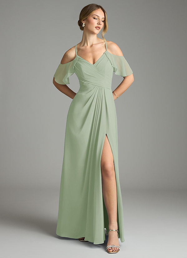 Azazie Dakota Bridesmaid Dresses Dusty Sage A-Line V-Neck Pleated Chiffon Dress image1