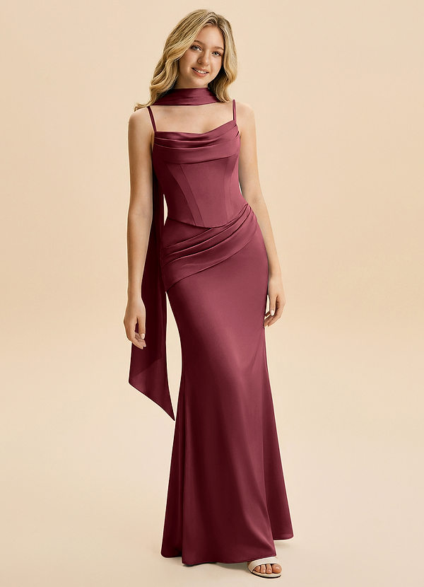 Azazie Sorrel Junior Abito Sirena in Raso Elasticizzato Drappeggiato Merlot image1