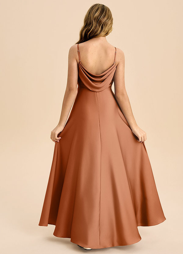 Azazie Bug Junior Robe Trapèze en Satin extensible Plissée Cuivre image1