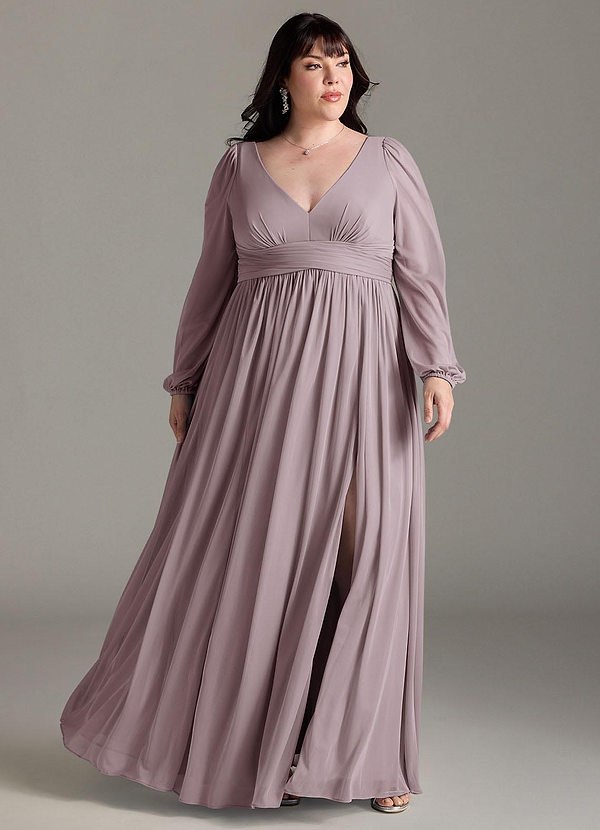 Azazie Norah Brautjungfernkleider A-Linie Lange Ärmel mit V-Ausschnitt Chiffon Kleid Dämmerung image1