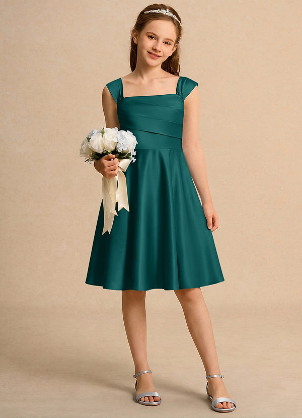 Azazie Budle Girls Formal Flower Girl Dresses Peacock A-Line Pleated Matte Satin Dress image1