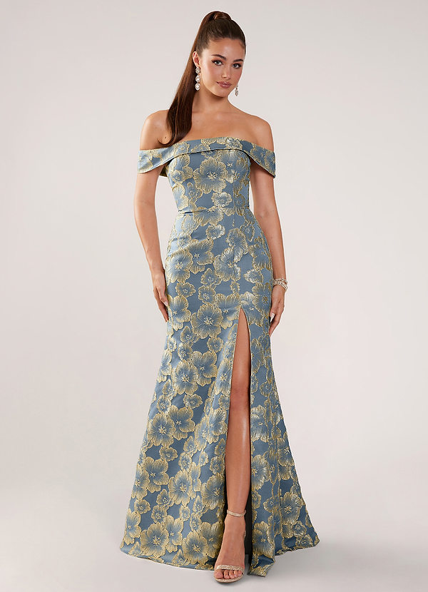 Alessandra Lago Azul Vestido de fiesta de sirena con lentejuelas y jacquard floral image1