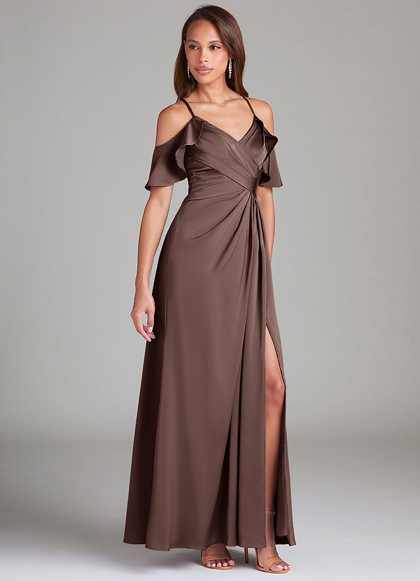 Azazie Dakota Bridesmaid Dresses Ganache A-Line Off the Shoulder Stretch Satin Dress image1