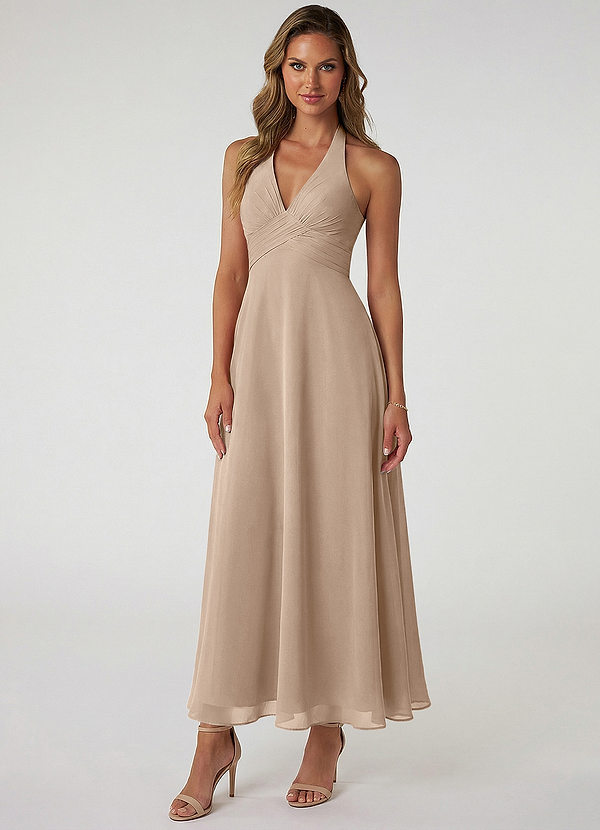 Azazie Tessie 신부 들러리 드레스 A라인 주름진 쉬폰 발목 길이 드레스 image1