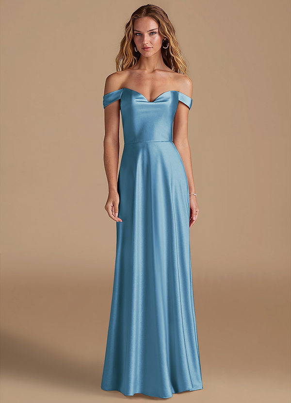 Azazie Jackalin Brautjungfernkleider Wandelbar A-Linie Schulterfrei Metallischer Satin Kleid Stahlblau image1