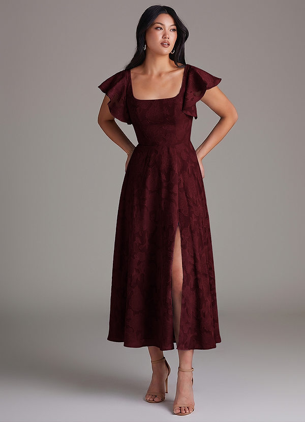 Azazie Bondi Bridesmaid Dresses Cabernet A-Line Ruched Floral Burnout Dress image1