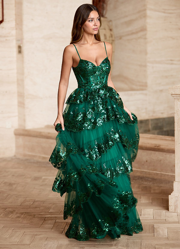 Tindra Green Sequins Ruffles Prom Dress image1