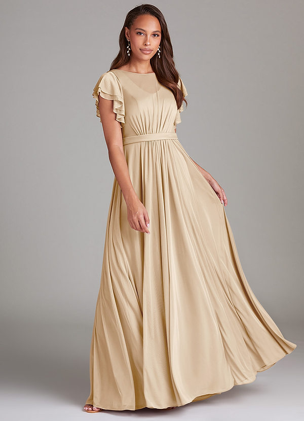 Azazie Daphne Modest Bridesmaid Dresses A-Line Ruched Mesh Floor-Length Dress image1