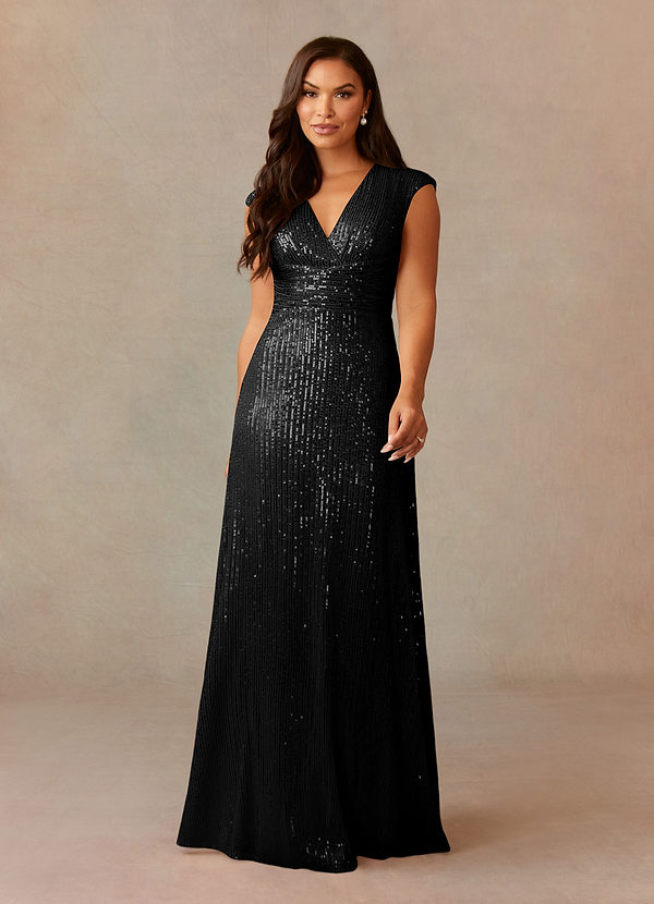 Upstudio Sacramento Mother of the Bride Dresses Black A-Line V-Neck Ruched Sequins Dress image1