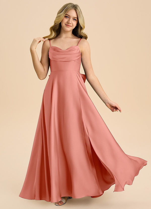 Azazie Bear Junior Coral A-Line Sweetheart Neckline Stretch Satin Dress image1