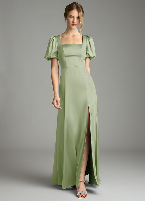 Azazie Fyona Bridesmaid Dresses Dusty Sage A-Line Pleated Stretch Satin Dress image1