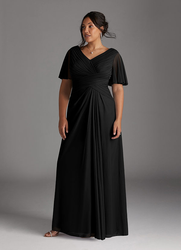 Azazie Emmeline Mother of the Brides Dresses Black A-Line V-Neck Pleated Mesh Dress image1