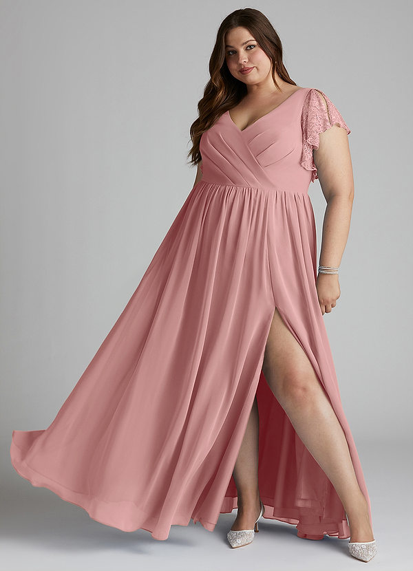 Azazie Zella Robes Demoiselle d'honneur Robe Trapèze en Mousseline de soie Dentelle Rose Poussiéreuse image1
