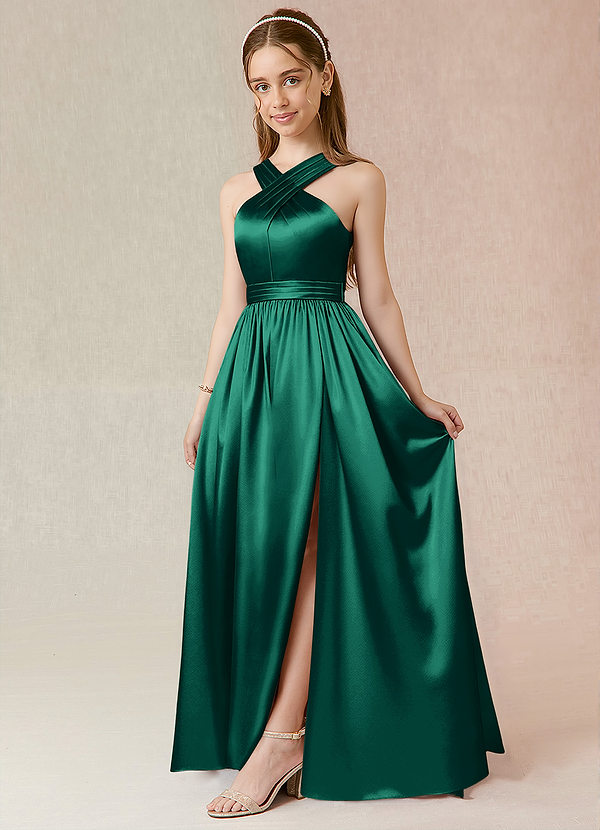 Azazie Jiya Junior Emerald A-Line Pleated Metallic Satin Dress image1