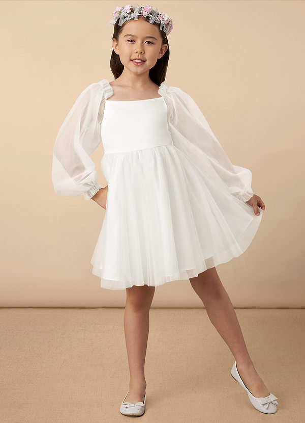Azazie Aya Flower Girl Dresses Ivory A-Line with Sleeves Tulle Dress image1