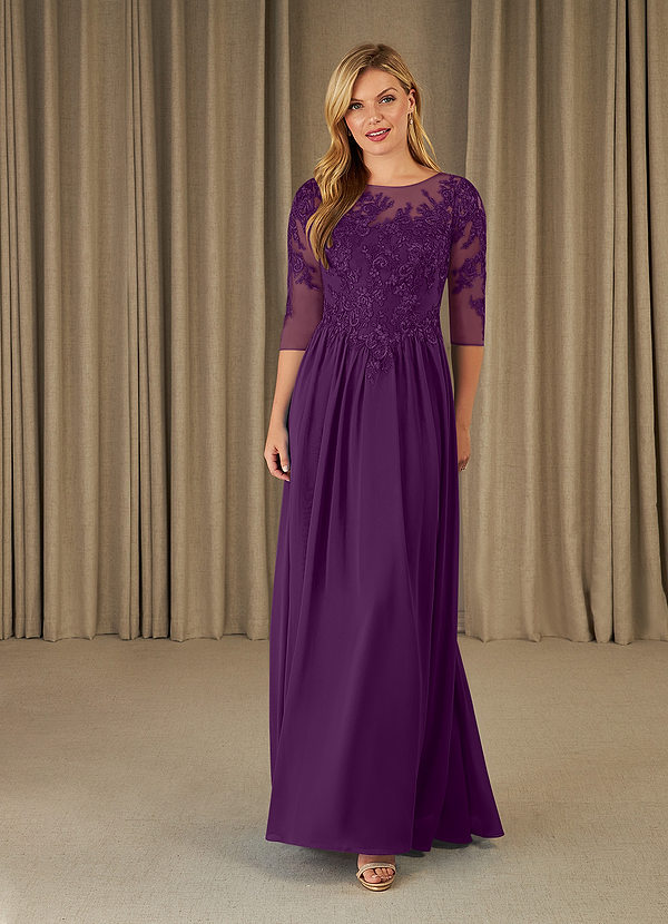 Grape Azazie Mirielle A-Line Scoop Lace Chiffon Floor-Length Dress | Azazie