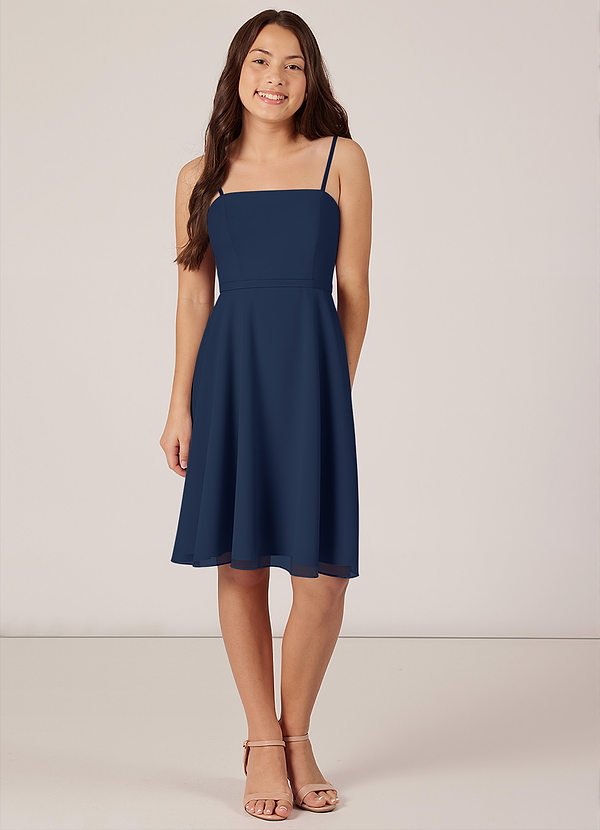 Azazie Kalie Junior Dark Navy A-Line with Belt Chiffon Dress image1