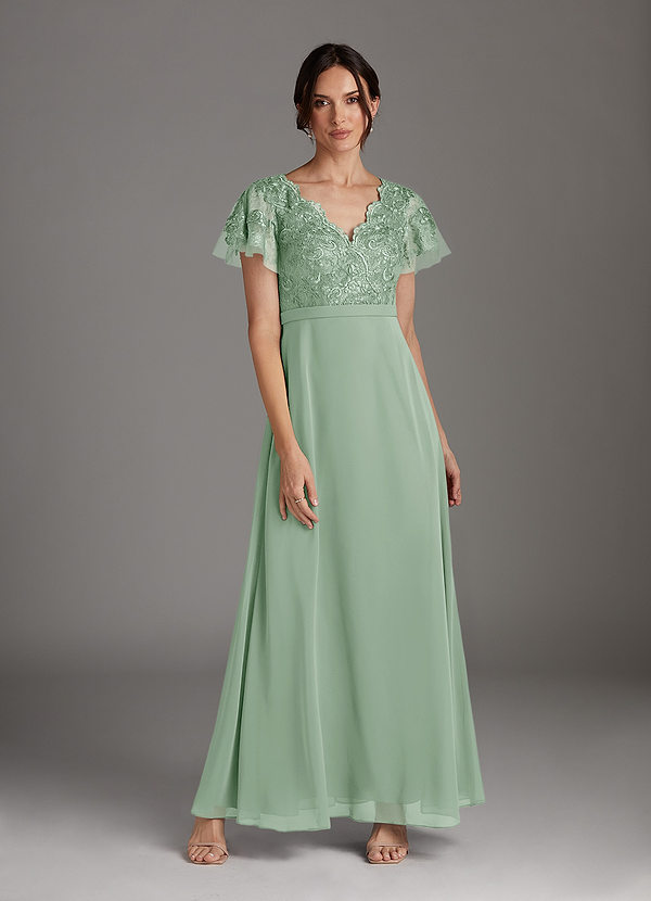 Azazie Singer Mother of the Bride Dresses Agave A-Line V-Neck Lace Chiffon Dress image1