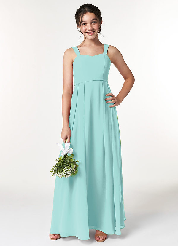 Azazie Simoan Junior Abito A-Line in Chiffon Scollo a Cuore Acqua image1