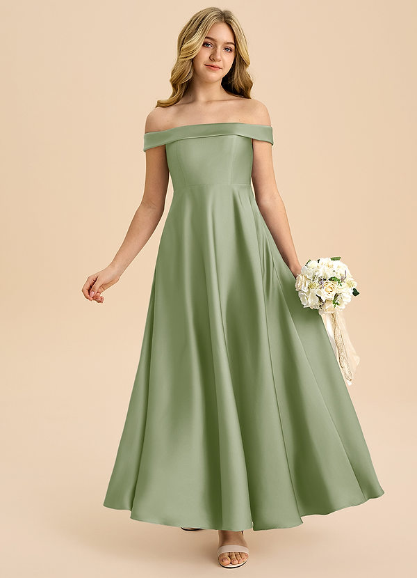 Azazie Sissy Junior Dusty Sage A-Line Off the Shoulder Stretch Satin Dress image1