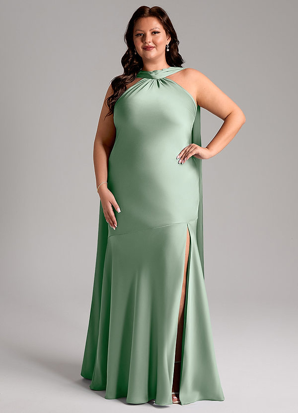 Azazie Kinsley Abiti da Damigella Abito Sirena in Raso Elasticizzato Spacco Laterale Agave image1