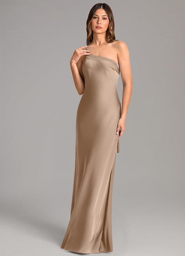 Azazie Monroe Bridesmaid Dresses Taupe Mermaid One Shoulder Stretch Satin Dress image1