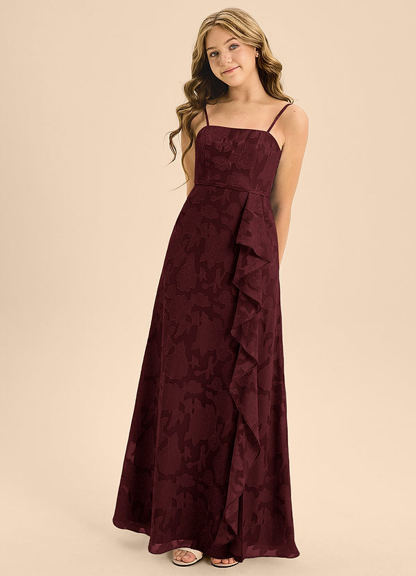 Azazie Kaylee Junior Cabernet A-Line with Belt Floral Burnout Dress image1