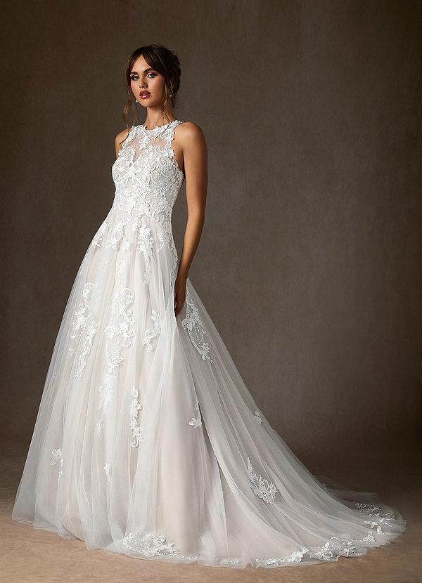 Azazie Melrose Wedding Dresses Diamond White A-Line Sweetheart Lace Tulle Dress image1