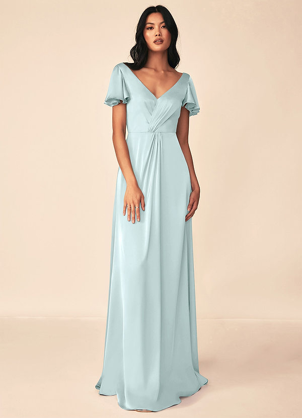 Azazie Soren Bridesmaid Dresses Sea Glass A-Line Pleated Stretch Satin Dress image1