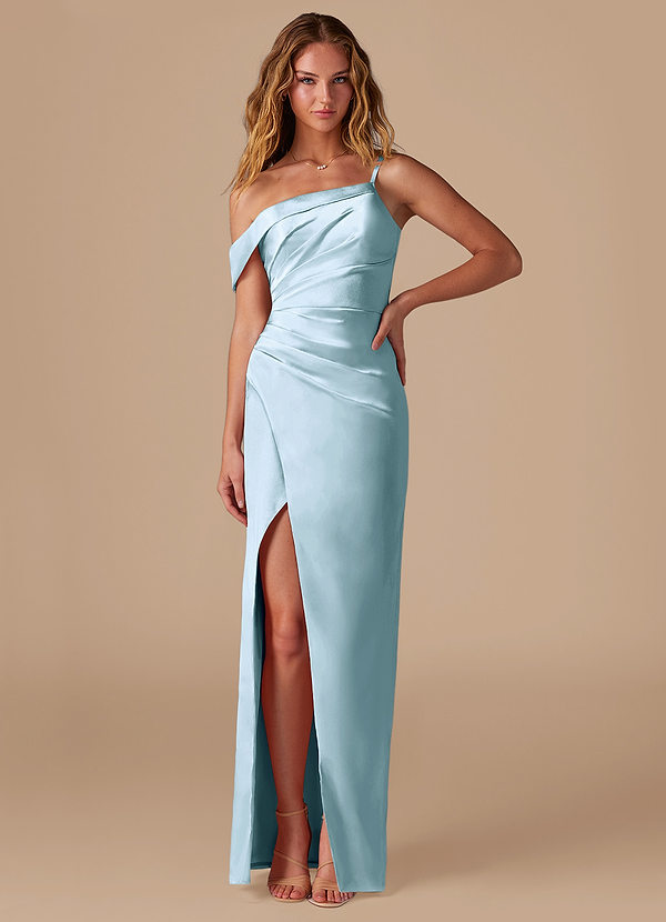 Azazie Lia Bridesmaid Dresses Sky Blue Sheath Off the Shoulder Metallic Satin Dress image1