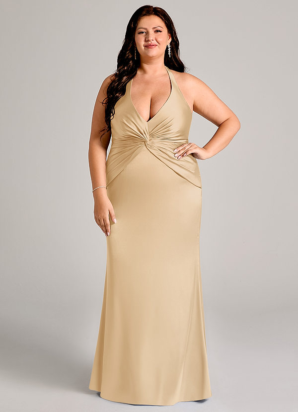 Azazie Valerie Bridesmaid Dresses Gold Mermaid Pleated Stretch Satin Dress image1