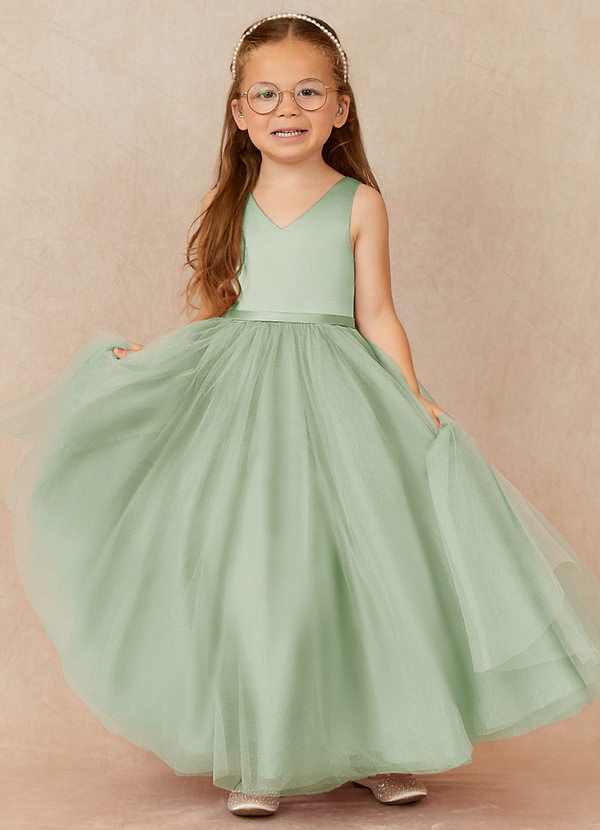 Azazie Marybell Flower Girl Dresses Dusty Sage A-Line Bow Tulle Dress image1