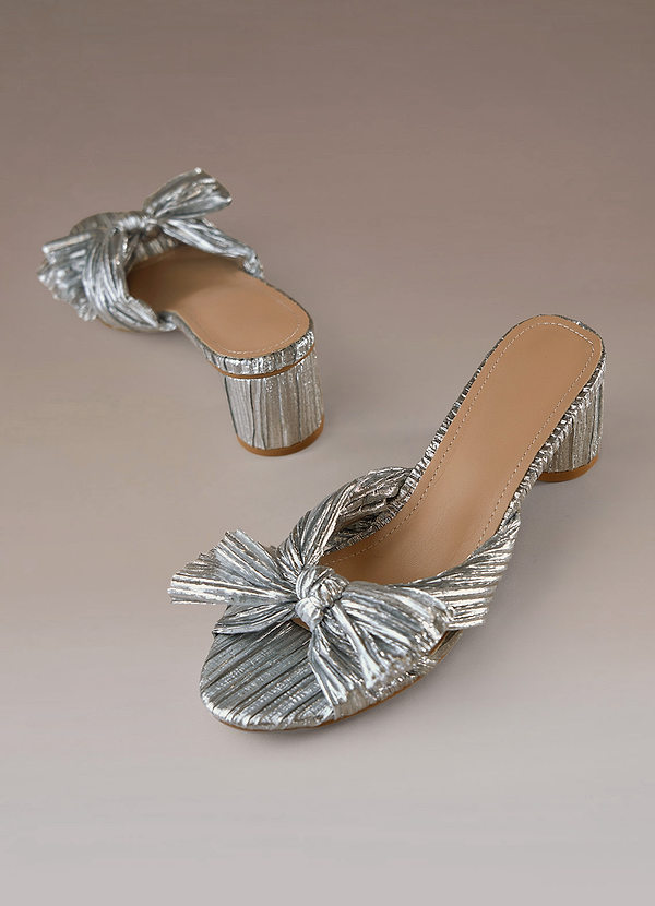 back Pleated Metallic Bow Silver Backless Sandals